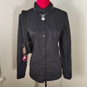 Y2K 2000s Long Sleeve Black Polka Dot Fitted Office Work Blouse Large Apt 9